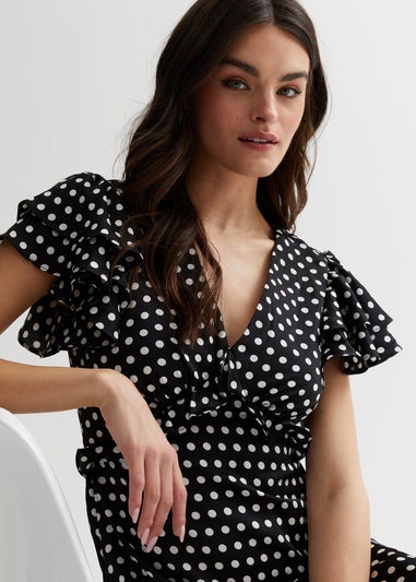 Gini London Black Polka Dot Print Occasion Ruffle Midi Dress