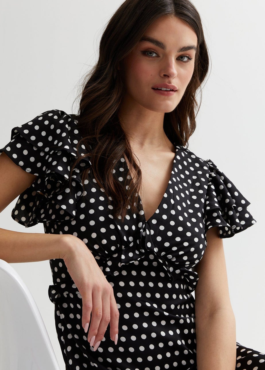 Gini London Black Polka Dot Print Occasion Ruffle Midi Dress