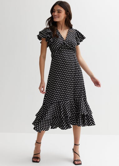 Gini London Black Polka Dot Print Occasion Ruffle Midi Dress