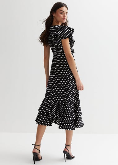 Gini London Black Polka Dot Print Occasion Ruffle Midi Dress