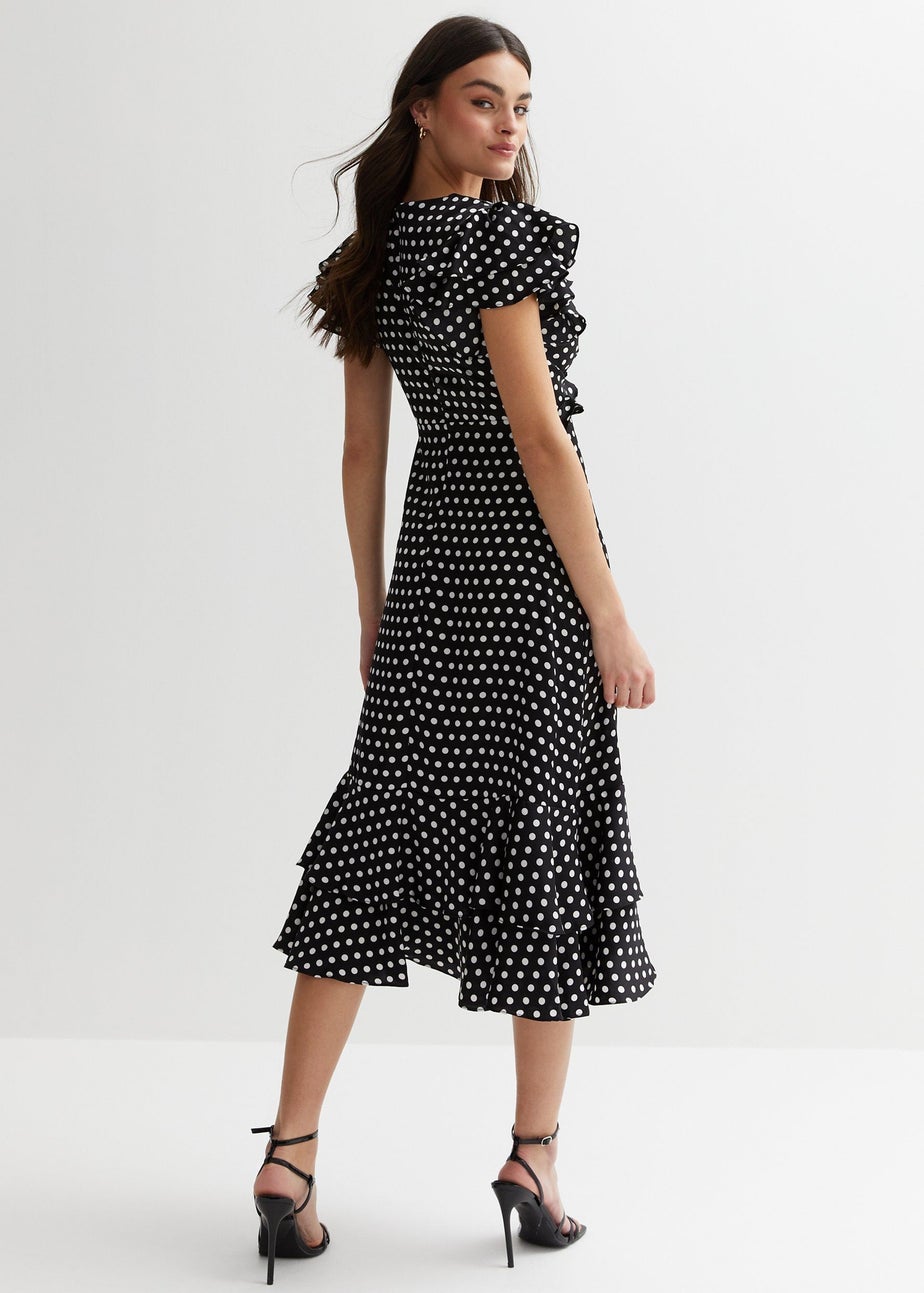 Gini London Black Polka Dot Print Occasion Ruffle Midi Dress