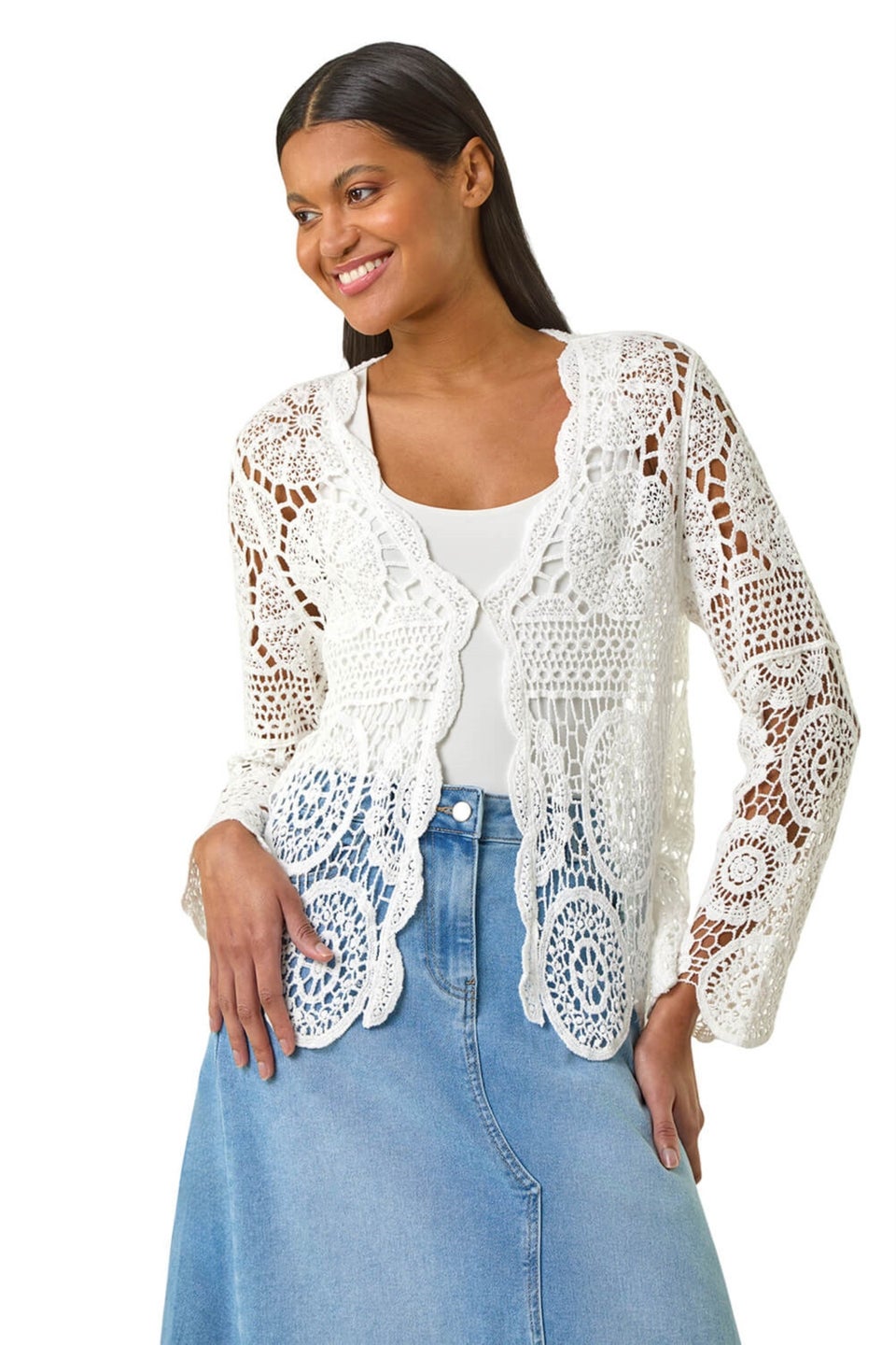Roman Ivory Crochet Tie Front Knit Cardigan