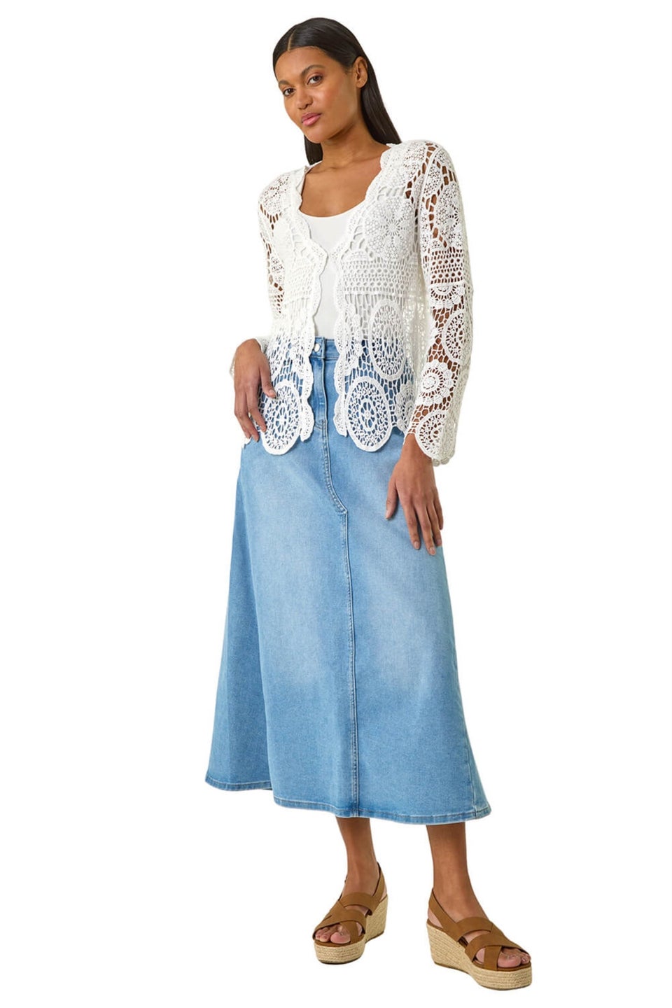 Roman Ivory Crochet Tie Front Knit Cardigan