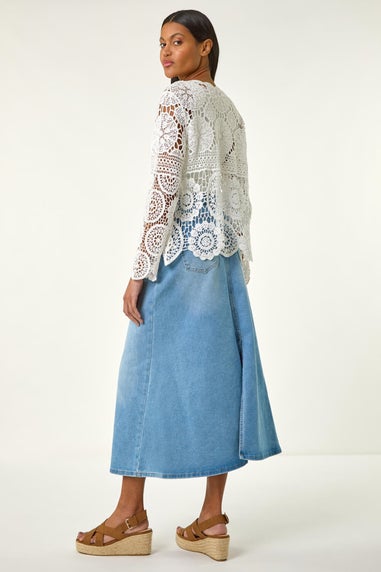 Roman Ivory Crochet Tie Front Knit Cardigan