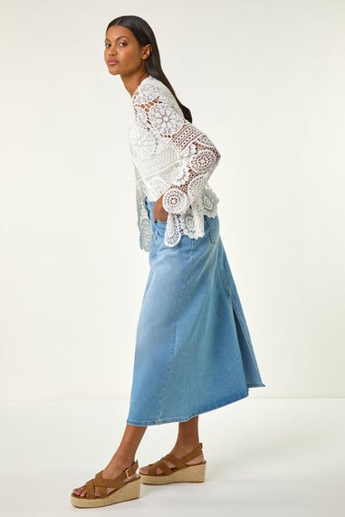 Roman Ivory Crochet Tie Front Knit Cardigan