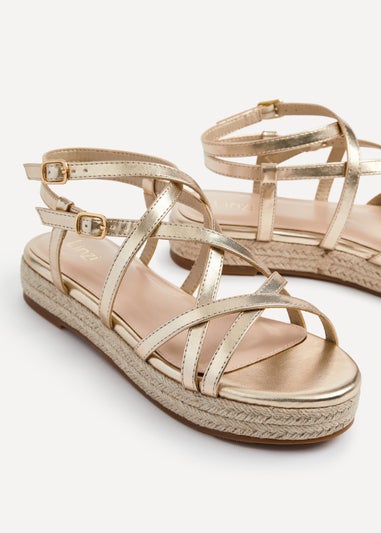 Linzi Dezi Gold Faux Leather Strappy Flatform Sandal