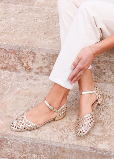 Linzi Suki Gold Faux Leather Woven Two Part Sandals