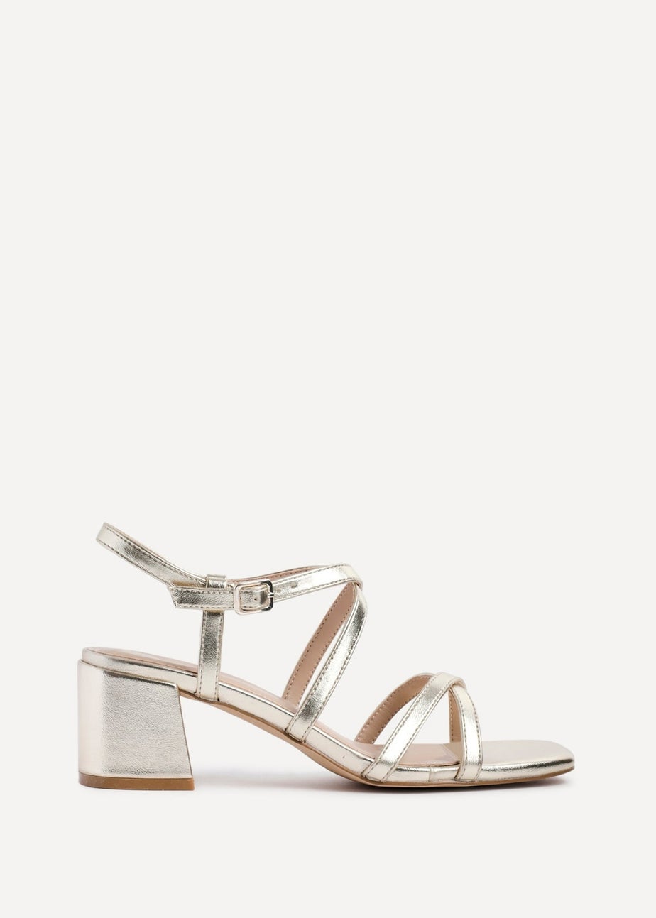 Linzi Jovanna Gold Faux Leather Strappy Low Block Heeled Sandals
