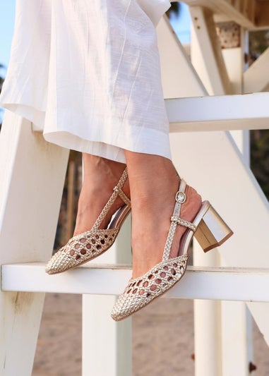 Linzi Sandria Gold Faux Leather Hand Woven Court Heels