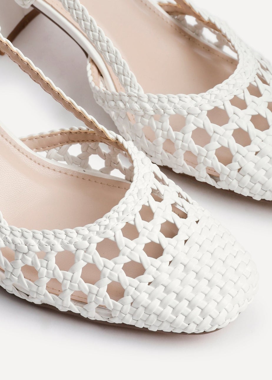 Linzi Sandria White Faux Leather Hand Woven Court Heels