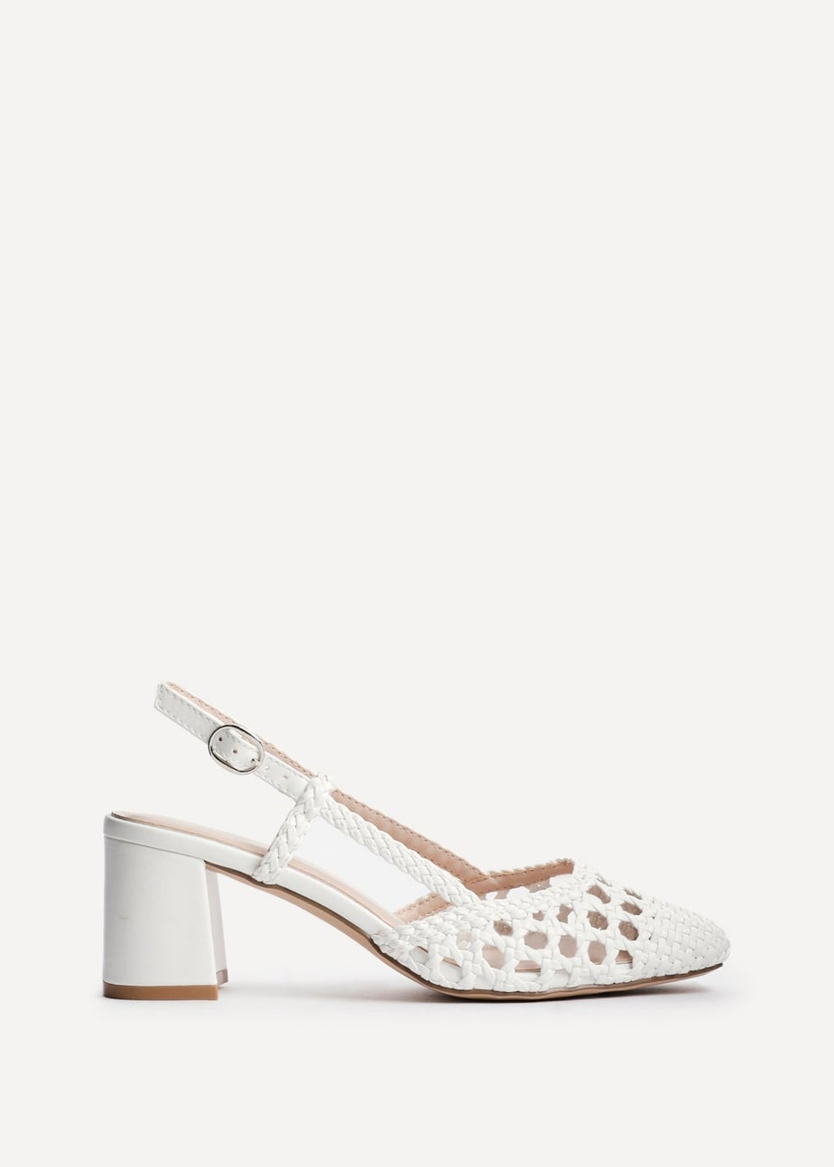 Linzi Sandria White Faux Leather Hand Woven Court Heels