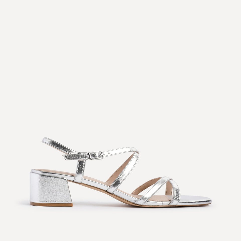 Linzi Jovanna Silver Faux Leather Strappy Low Block Heeled Sandals