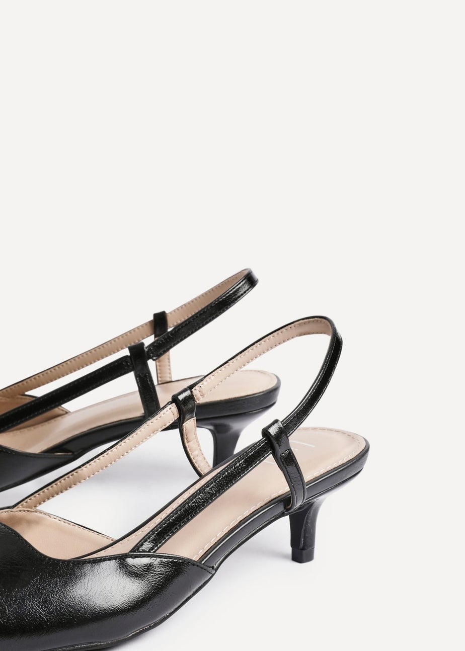 Linzi Refined Black Faux Leather Slingback Kitten Court Heels