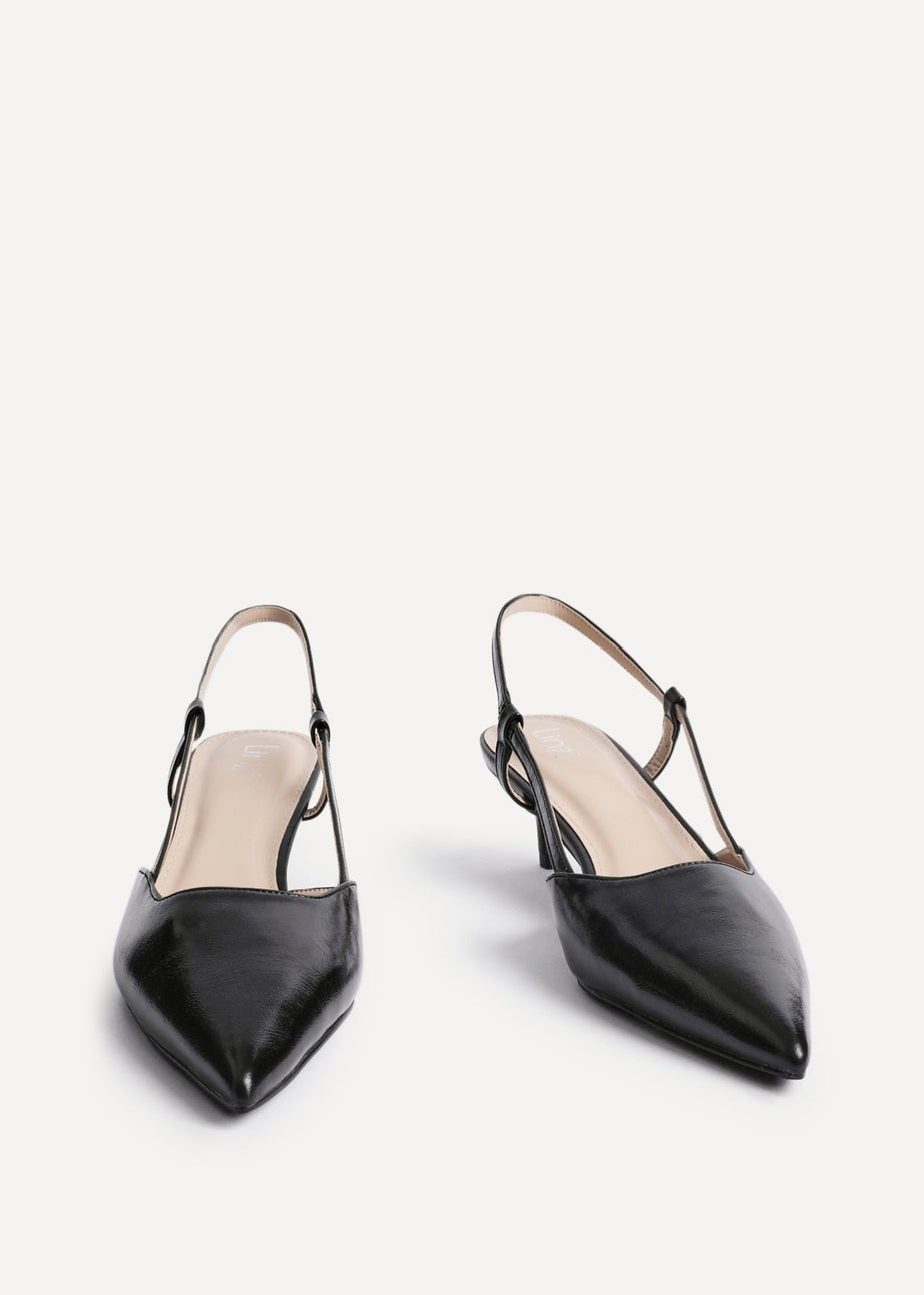Linzi Refined Black Faux Leather Slingback Kitten Court Heels