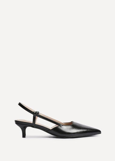 Linzi Refined Black Faux Leather Slingback Kitten Court Heels