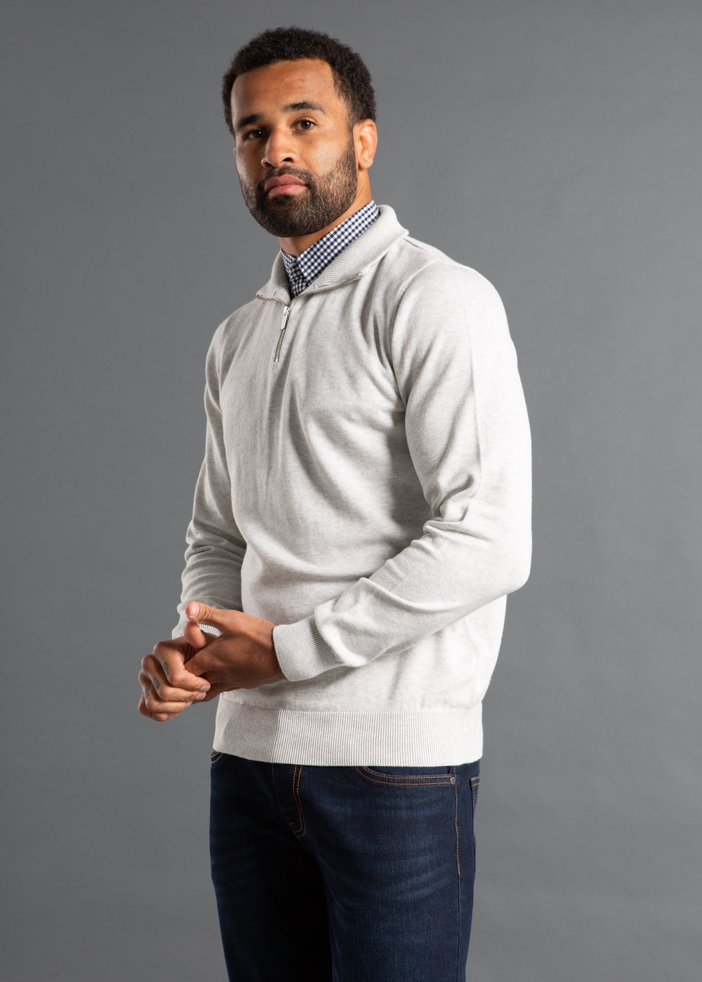 Kensington Eastside Light Grey Mock Checked Shirt 1/4 Zip Jumper