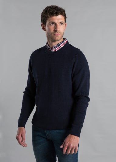 Kensington Eastside Navy Mock Checked Shirt Crew Neck Jumper