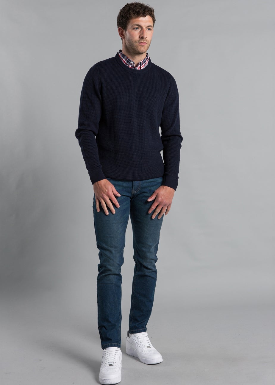 Kensington Eastside Navy Mock Checked Shirt Crew Neck Jumper