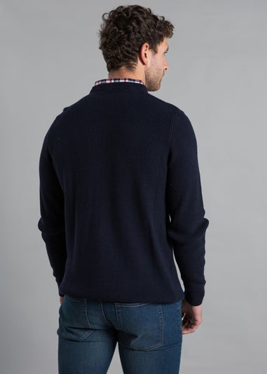 Kensington Eastside Navy Mock Checked Shirt Crew Neck Jumper