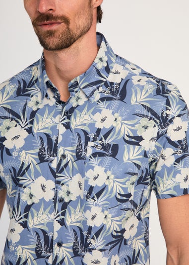 Kensington Eastside Blue Cotton Printed Poplin Short Sleeve Shirt