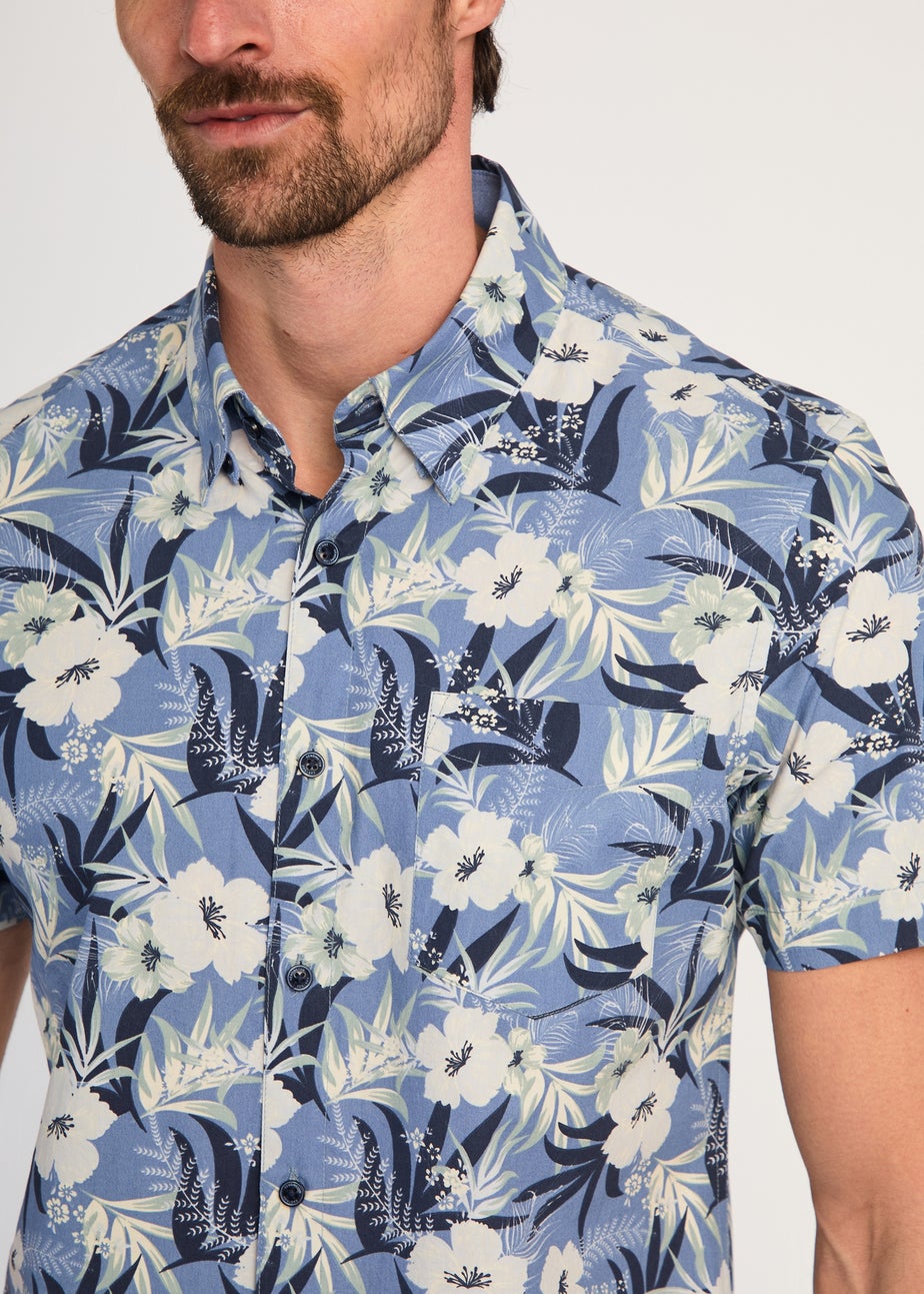 Kensington Eastside Blue Cotton Printed Poplin Short Sleeve Shirt