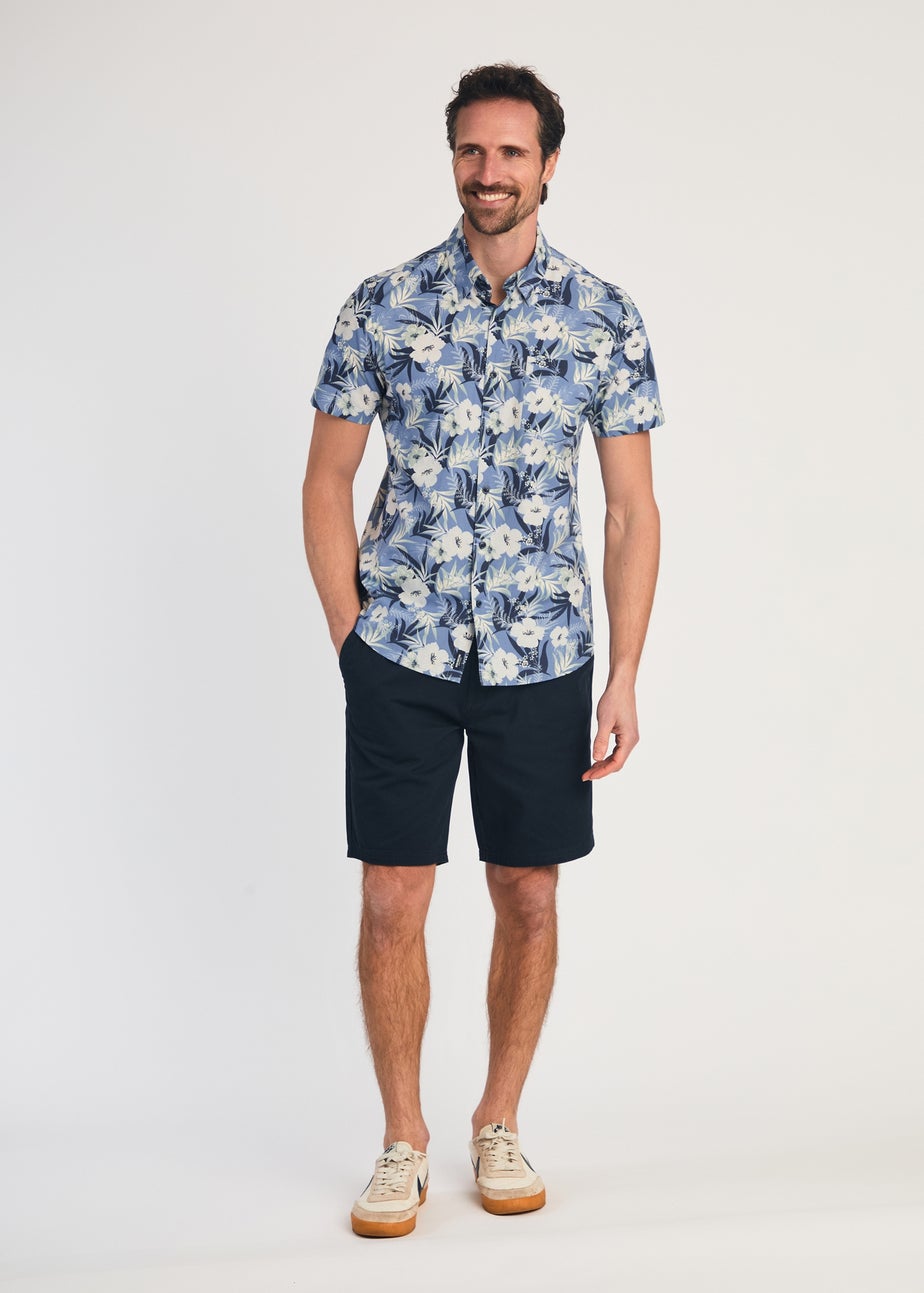 Kensington Eastside Blue Cotton Printed Poplin Short Sleeve Shirt