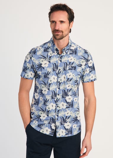 Kensington Eastside Blue Cotton Printed Poplin Short Sleeve Shirt