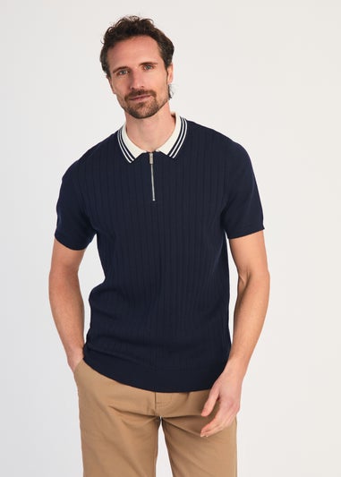 Kensington Eastside Navy Cotton Short Sleeve 1/4 Zip Polo Shirt