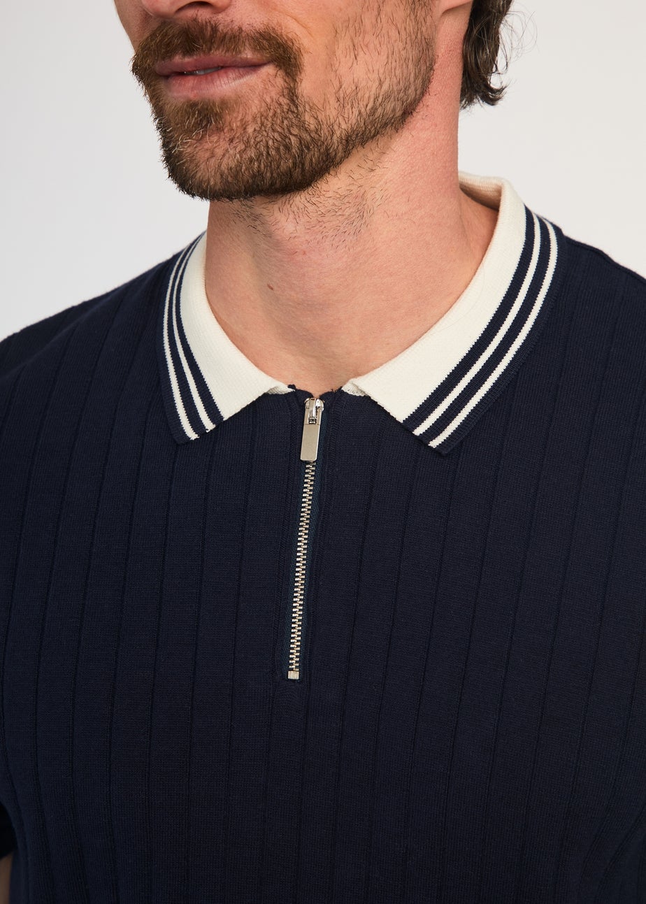 Kensington Eastside Navy Cotton Short Sleeve 1/4 Zip Polo Shirt