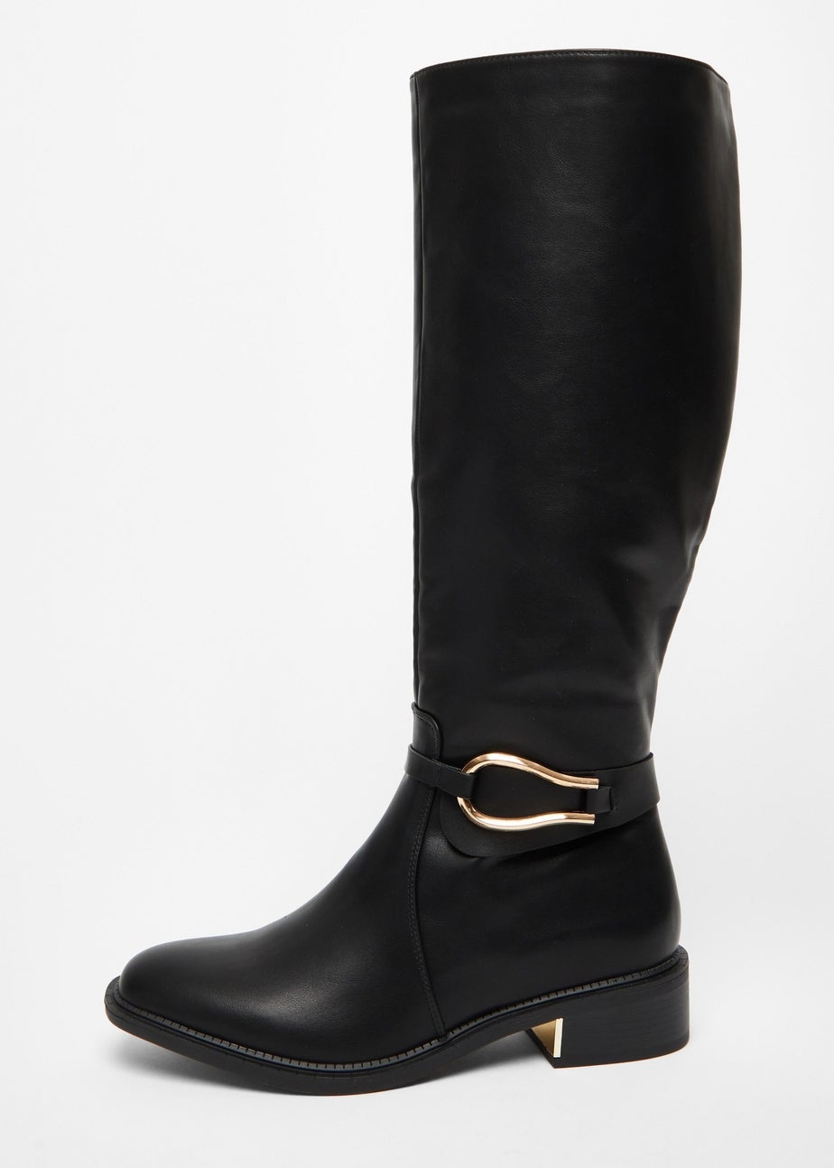 Quiz Black Wide Fit Faux Leather Knee High Flat Boots