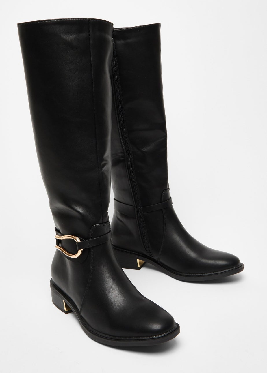 Quiz Black Wide Fit Faux Leather Knee High Flat Boots