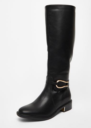 Quiz Black Wide Fit Faux Leather Knee High Flat Boots