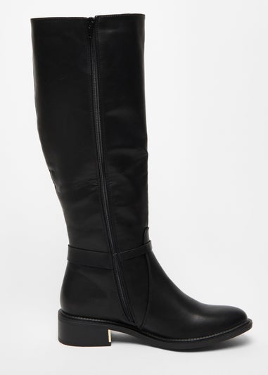 Quiz Black Wide Fit Faux Leather Knee High Flat Boots