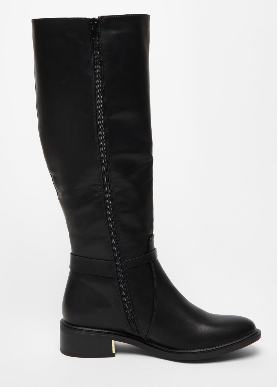 Quiz Black Wide Fit Faux Leather Knee High Flat Boots