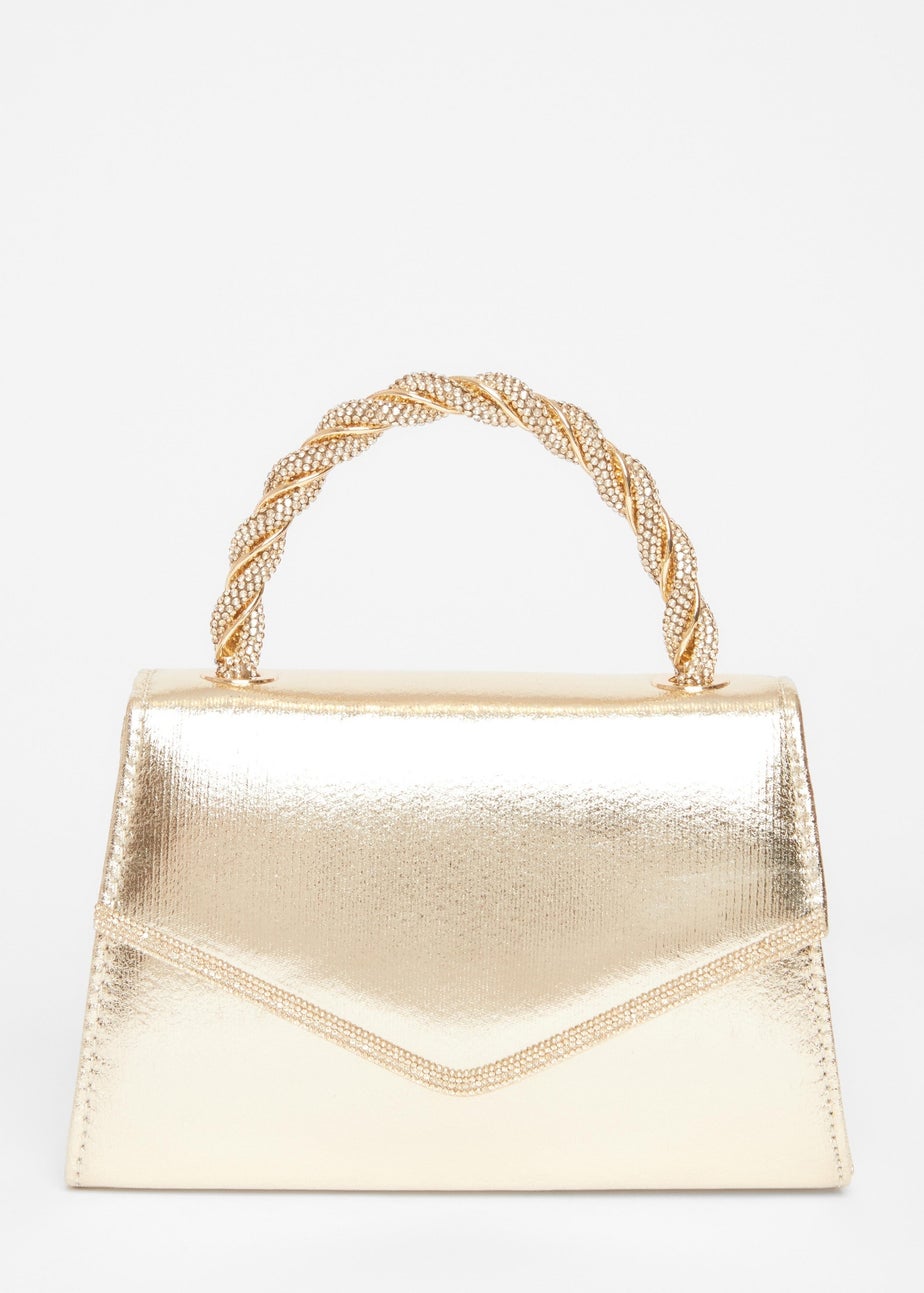 Quiz Gold Diamante Twist Top Handle Bag