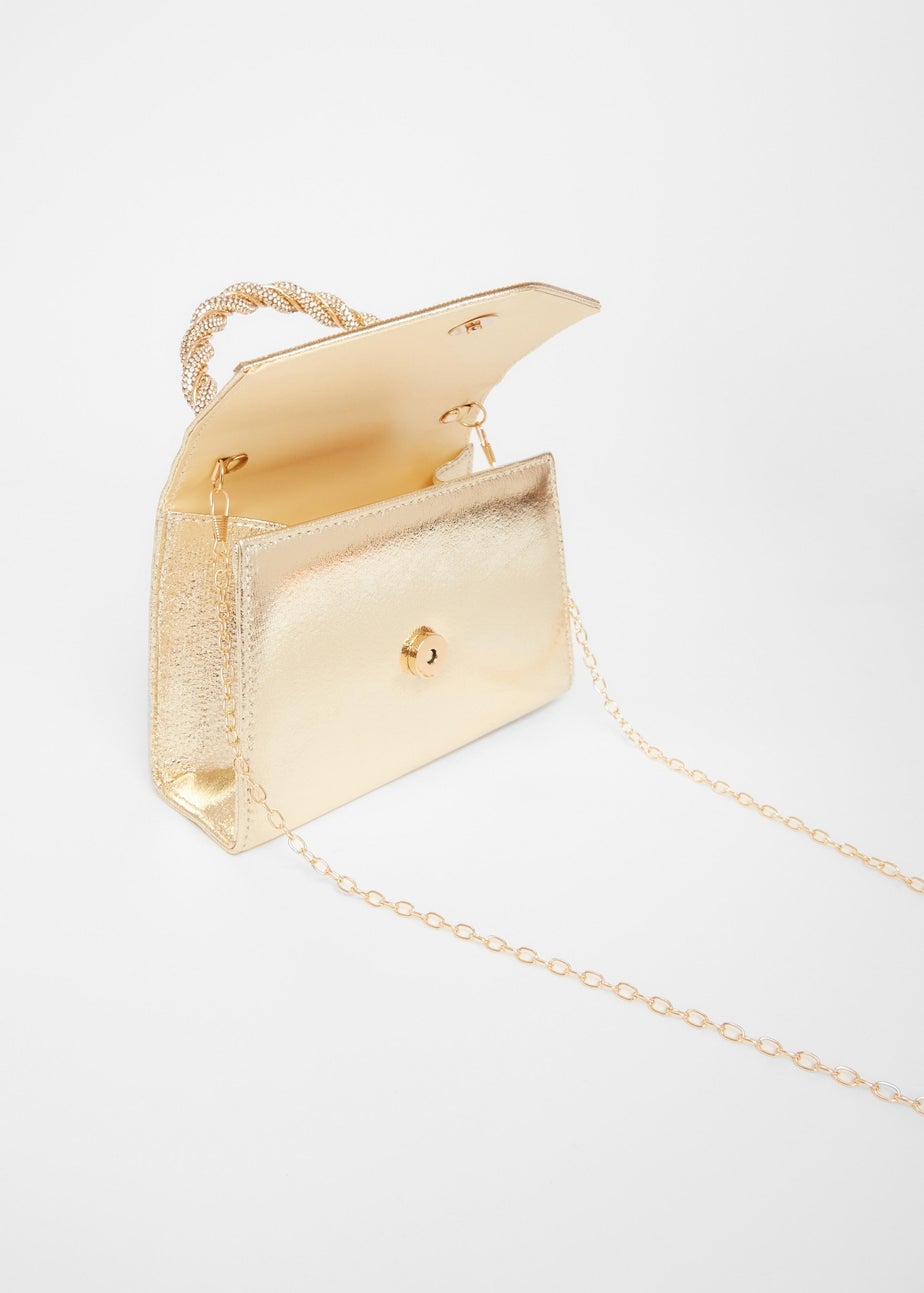 Quiz Gold Diamante Twist Top Handle Bag