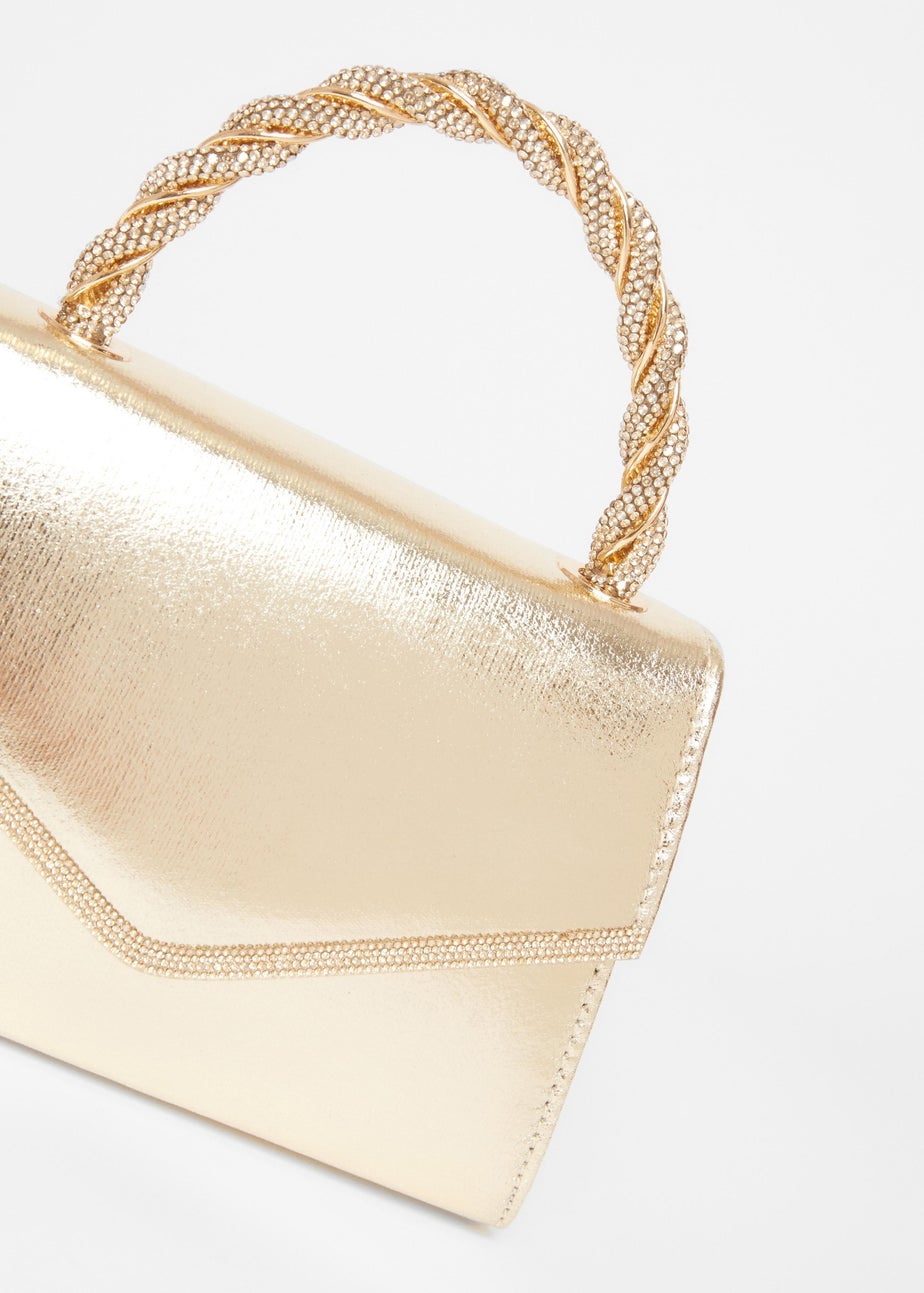 Quiz Gold Diamante Twist Top Handle Bag