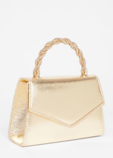 Quiz Gold Diamante Twist Top Handle Bag