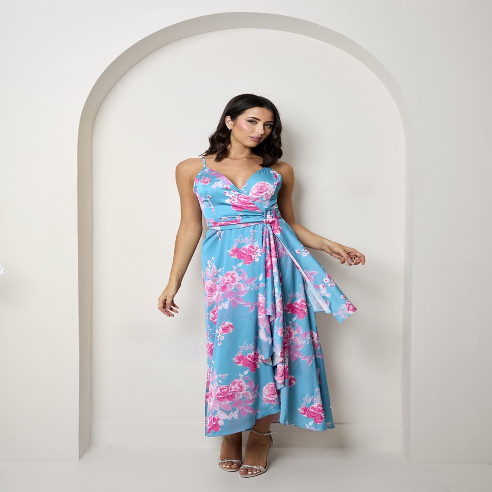 Chi Chi London Green Cami Floral Wrap Midi Dip Hem Dress