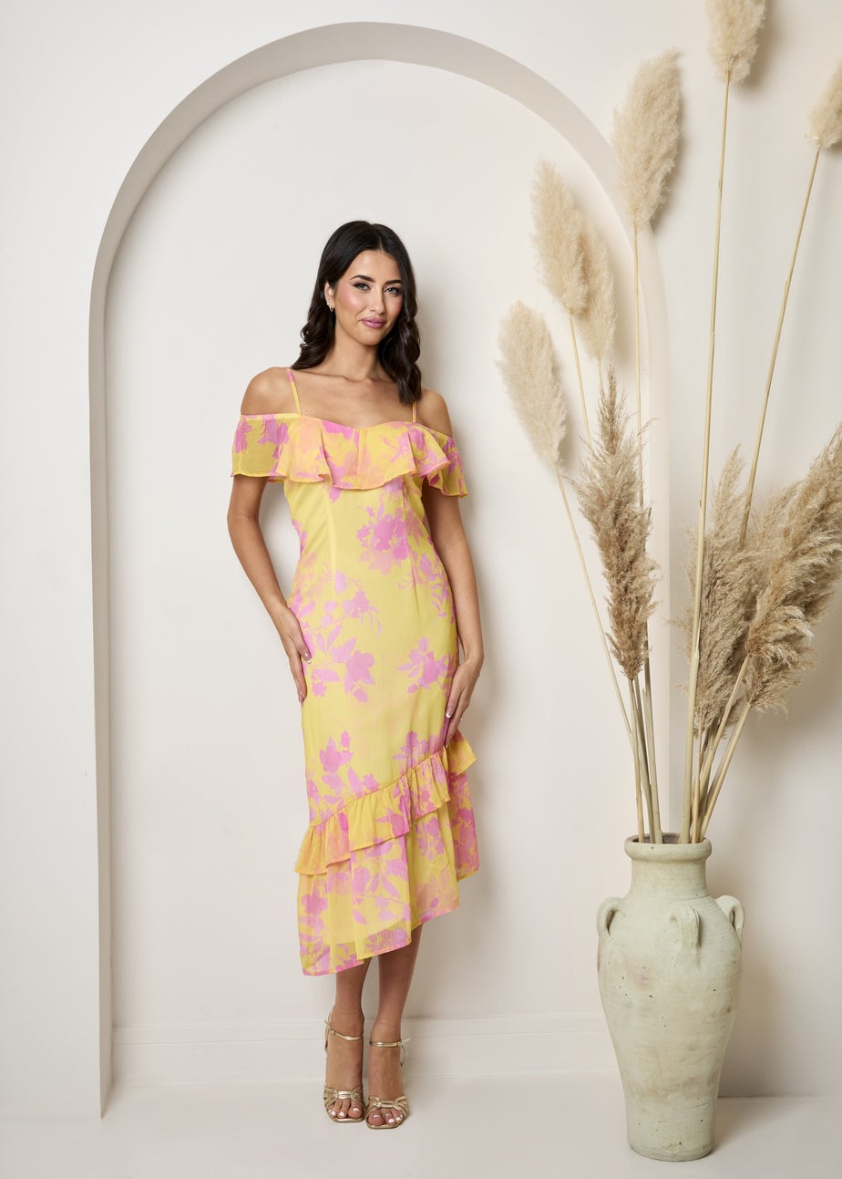 Chi Chi London Yellow Off The Shoulder Frill Detail Midi Dress