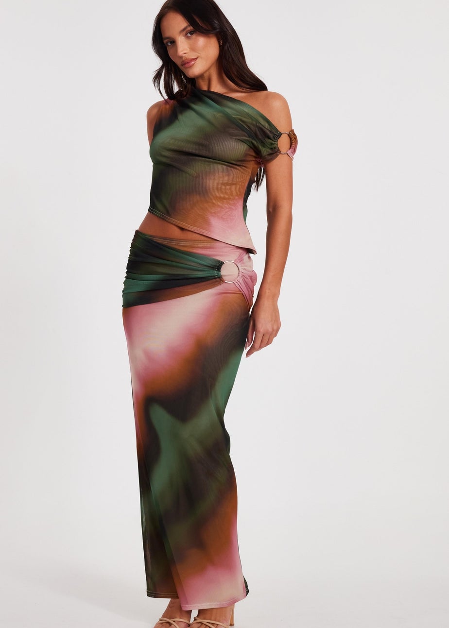 Quiz Green Mesh Ruched Maxi Skirt