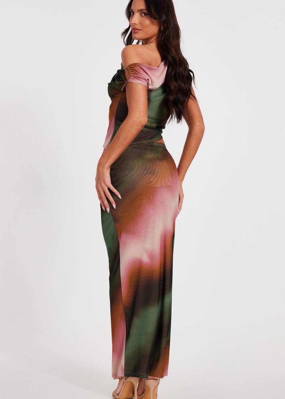 Quiz Green Mesh Ruched Maxi Skirt