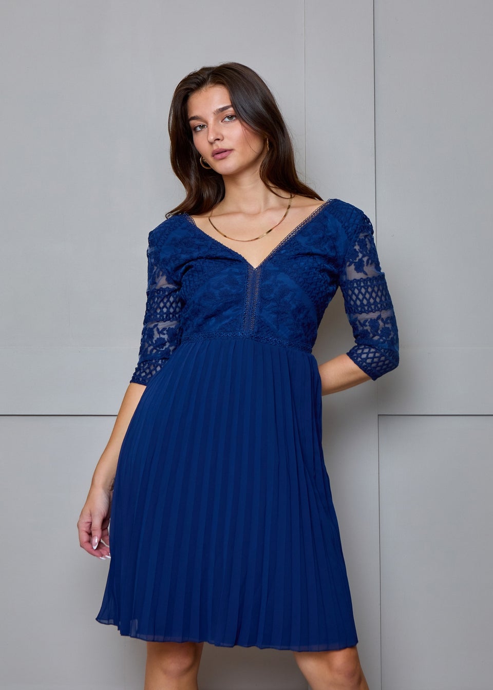 Chi Chi London Navy Long Sleeve V Neck Midi Dress