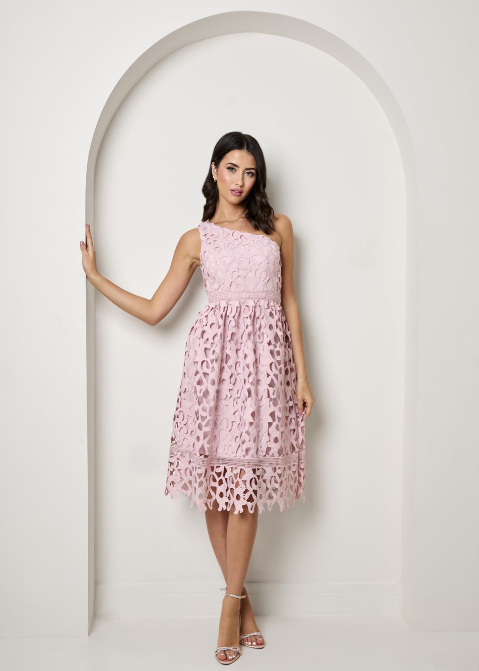 Chi Chi London Blush One Shoulder Premium Lace Midi Dress