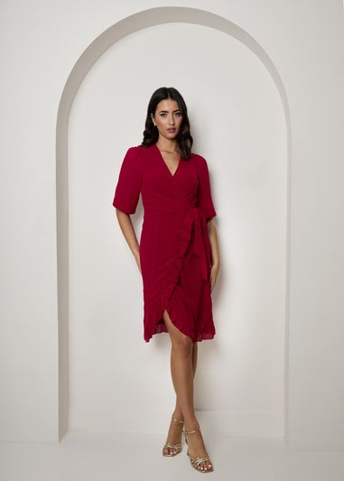 Chi Chi London Red Puff Sleeve Dobby Ruffle Wrap Mini Dress