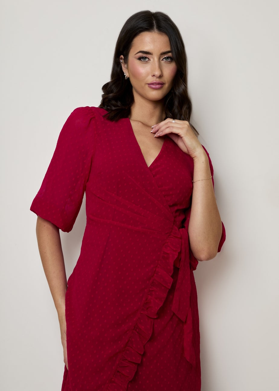 Chi Chi London Red Puff Sleeve Dobby Ruffle Wrap Mini Dress