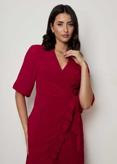 Chi Chi London Red Puff Sleeve Dobby Ruffle Wrap Mini Dress