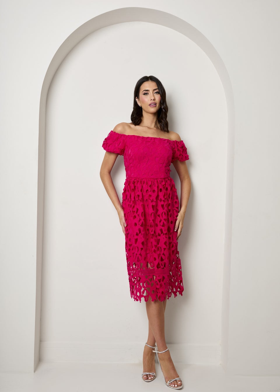 Chi Chi London Pink Bardot Premium Lace Fit & Flare Midi Dress