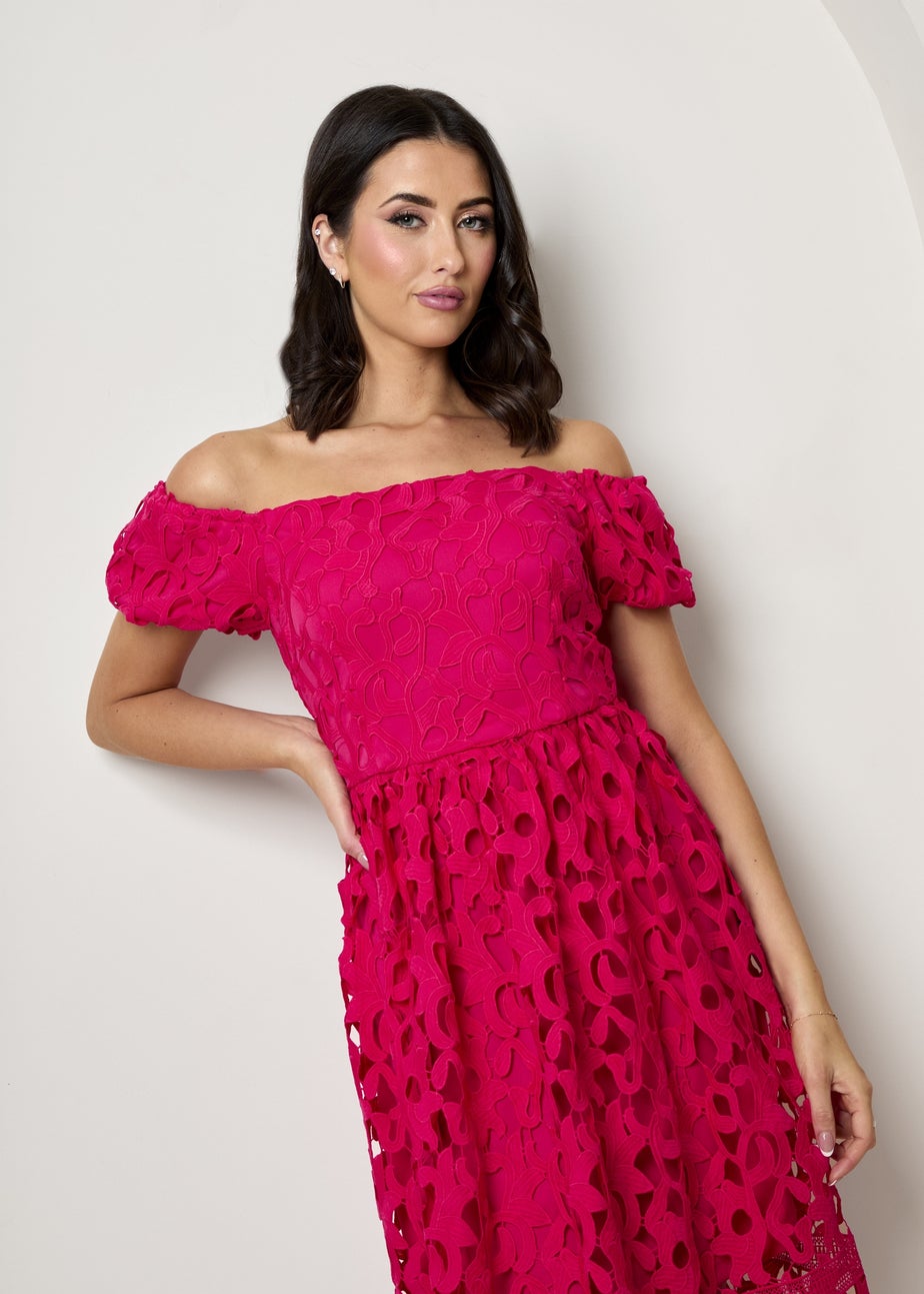 Chi Chi London Pink Bardot Premium Lace Fit & Flare Midi Dress