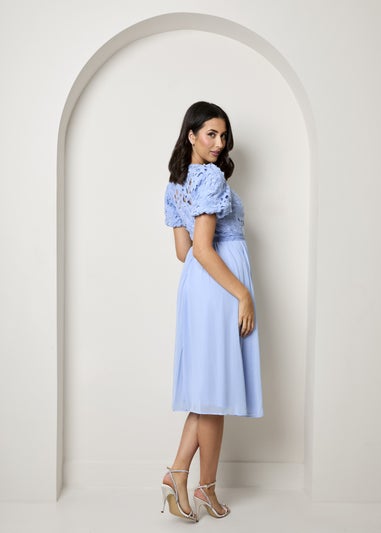 Chi Chi London Blue Puff Sleeve Premium Lace Midi Dress